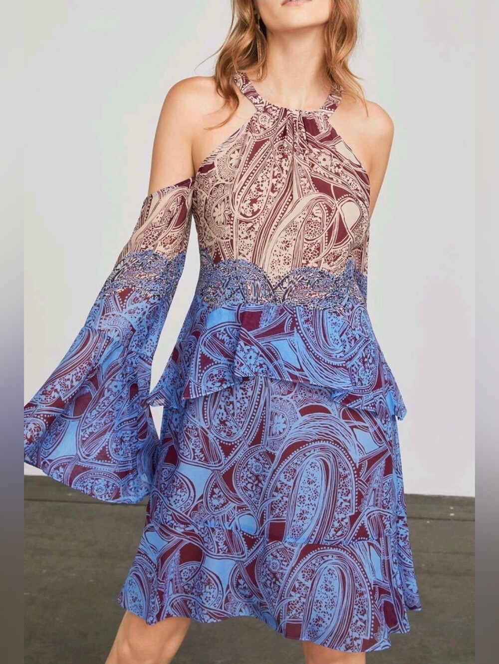 Bcbgmaxazria Dress Womens Size Small Mariah Silk Paisley Cold Shoulder A-line